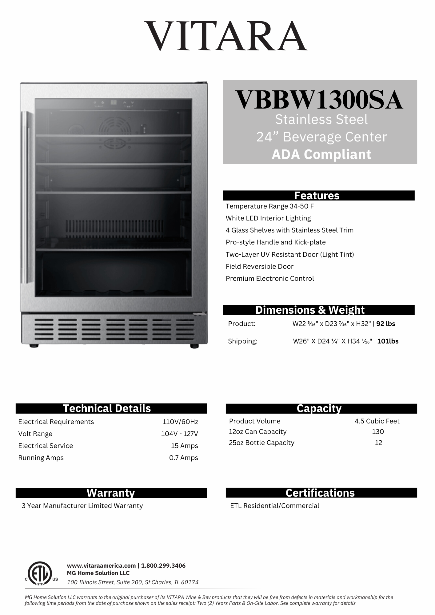 Vitara 24" Width 130 Can Beverage Center - ADA Compliant