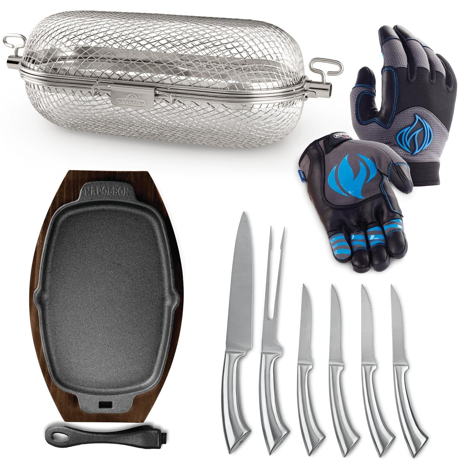 Multi Sizzle Napoleon Accessory Bundle - Rotisserie Basket, 6-Piece PRO Knife Set,