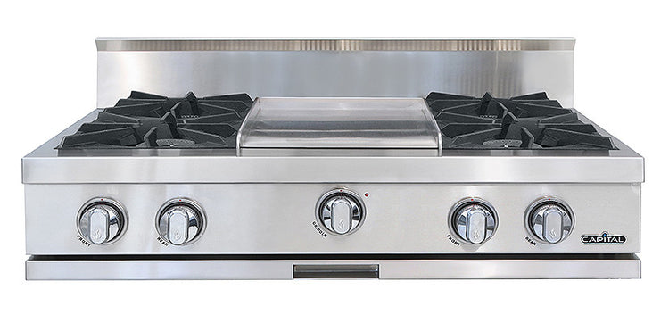 CGRT362G2N Capital 36" Gas Rangetop with 4 Open Burners and 12" Griddle - Natural Gas - Stainless Steel