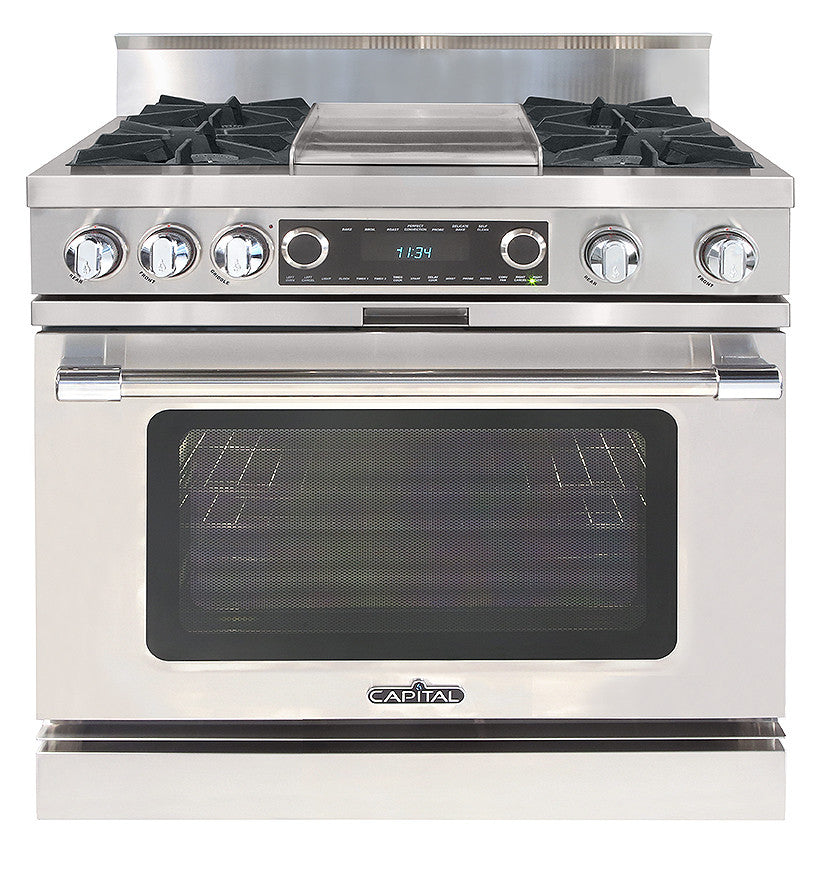 COB362G2L Capital 36" Grand Chef Dual Fuel Range with 4 Open Burners + 12" Thermo-Griddle - Liquid Propane - Stainless Steel