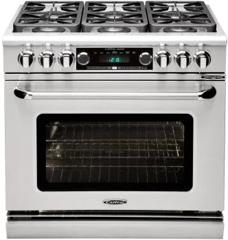 Capital Connoisseurian Series 36 inch freestanding professional dual fuel range with 6 sealed burners, model CSB366N