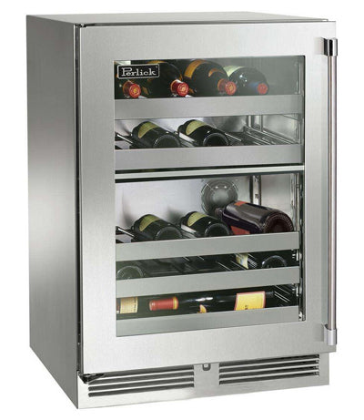 24 Inch Dual Zone Wine Reserve with 32 Bottle Capacity, Full-Extension Shelves, LED Lighting, Digital Thermostat, Door Alarm, and 45°F - 65°F Temperature Range: Stainless Steel Glass Door, Left Hinge Door Swing - HP24DS-4-3L