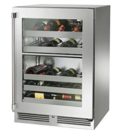 24 Inch Dual Zone Wine Reserve with 32 Bottle Capacity, Full-Extension Shelves, LED Lighting, Digital Thermostat, Door Alarm, and 45°F - 65°F Temperature Range: Stainless Steel Glass Door, Left Hinge Door Swing - HP24DS-4-3L