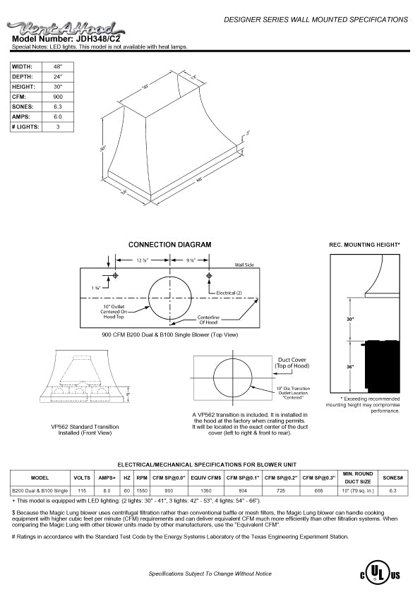 Vent-A-Hood 900 CFM 48 Inch Wall Mounted Range Hood with LED Lights from the Designer Collection - JDH348/C2 SS