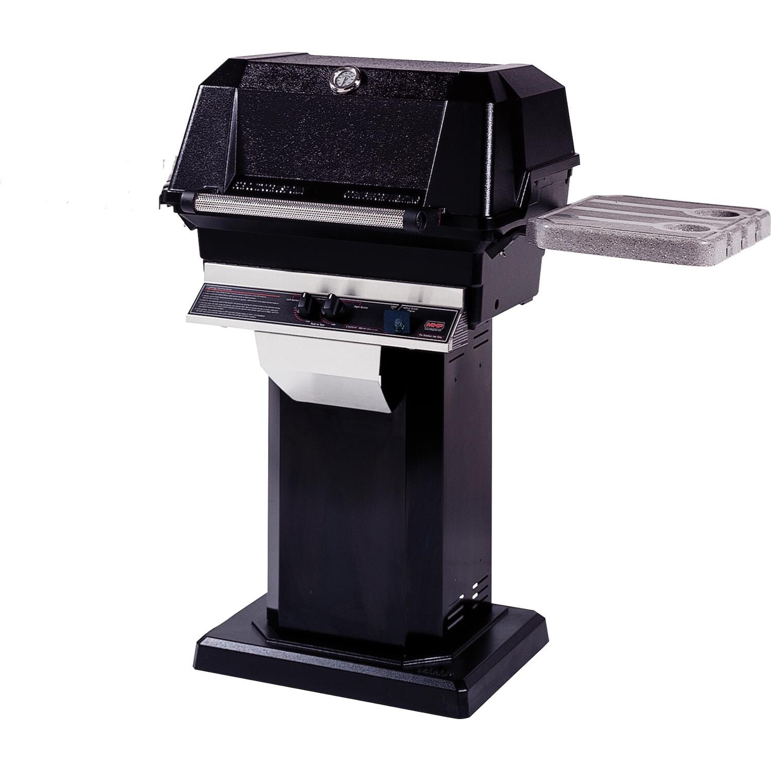 mhp-jnr4-propane-gas-grill-with-nu-stone-shelves-and-searmagic-grids-on-black-patio-base