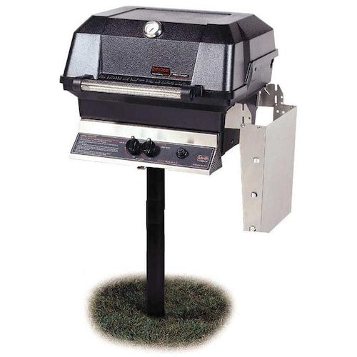 MHP JNR4 Propane Gas Grill With Nu-Stone Shelves And SearMagic Grids On Black Patio Base