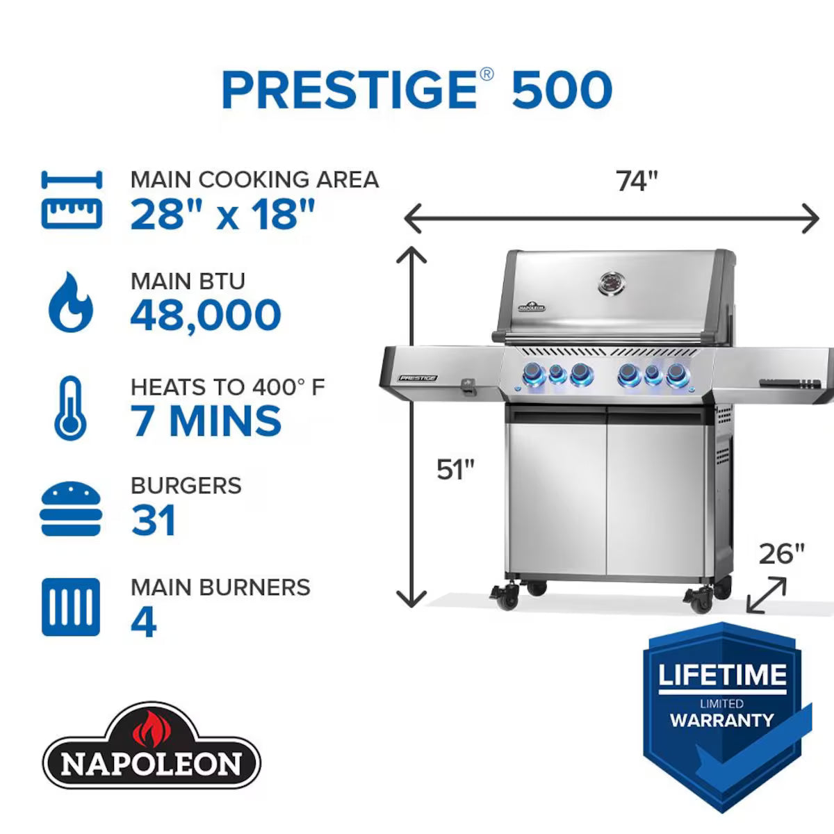 Napoleon Prestige® 500 Propane Gas Grill with Infrared Side and Rear Burner, Stainless Steel - P500VRSIBPSS