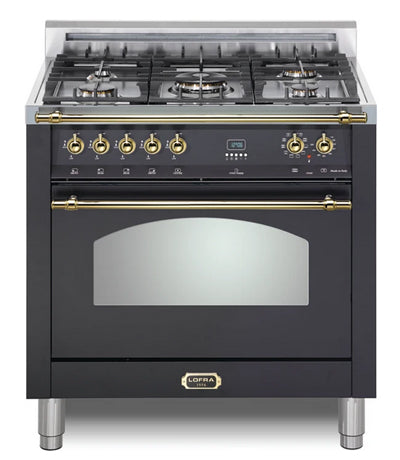 Lofra 36 Inch Freestanding Dual Fuel Range with 5 Brass Burners, 1 Dual Crown Burner, True European Convection, Full-Width Broil Element, and 9 Cooking Modes: Matte Black with Brass Trim