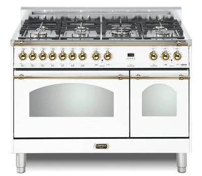 Lofra 48 Inch Freestanding Dual Fuel Range with 7 Brass Burners, Telescopic Shelves, True European Convection, Full-Width Broil Element, and 9 Cooking Modes: White Pearl with Brass Trim