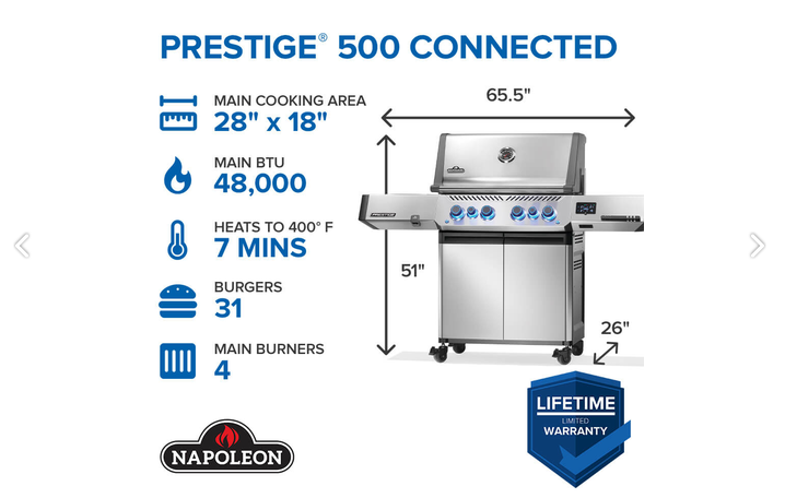 Napoleon Prestige® 500 Connected, Propane Grill with Infrared Side and Rear Burner, Stainless Steel - P500VXRSIBPSS