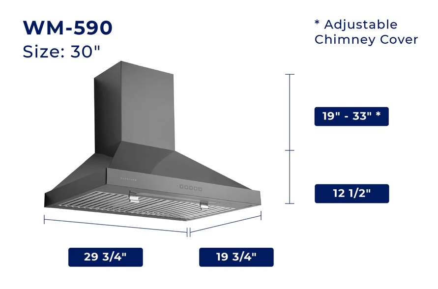 Hauslane 30 Inch Pyramid Style Wall Mount Range Hood in Black Stainless Steel 29 3/4"Wide 19 3/4 Deep 19" - 12 1/2" Adjustable Height- WM-590BSS-30