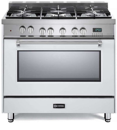 36 Inch Freestanding Dual Fuel Range with 5 Sealed Gas Burners, 4 cu. ft. Oven, Storage Compartment, Cast-Iron Grates, European Convection Oven, Electronic Ignition, Digital Clock and Timer: White- 4-Prong Range Cord Required
 - VPFSGE365W