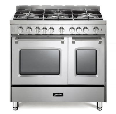 36 Inch Freestanding Gas Range with 5 Sealed Burners, Double Oven, 3.9 Cu. Ft. Total Capacity, Storage Drawer, Manual Clean, Infrared Broiler, Bell Timer, Turbo-Electric Convection Fans, and CSA Certified: Stainless Steel
 - VPFSGG365DSS