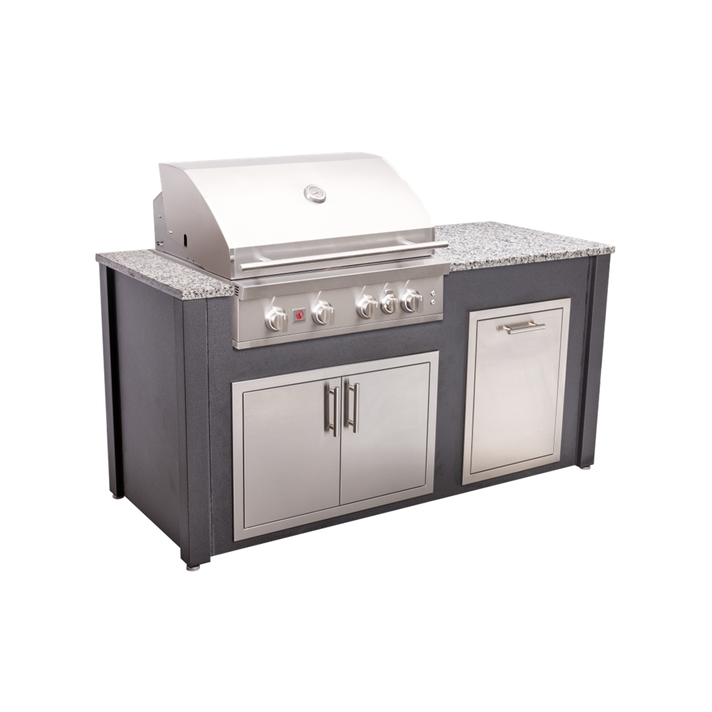 Complete Outdoor Kitchen Islands 6' Island with Grill on Left Side in Wrinkle Black Aluminum and Luna Pearl Gr