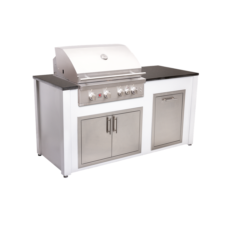 Complete Outdoor Kitchen Islands 6' Island with grill on left side in White Vein Aluminum and Black Pearl Gran