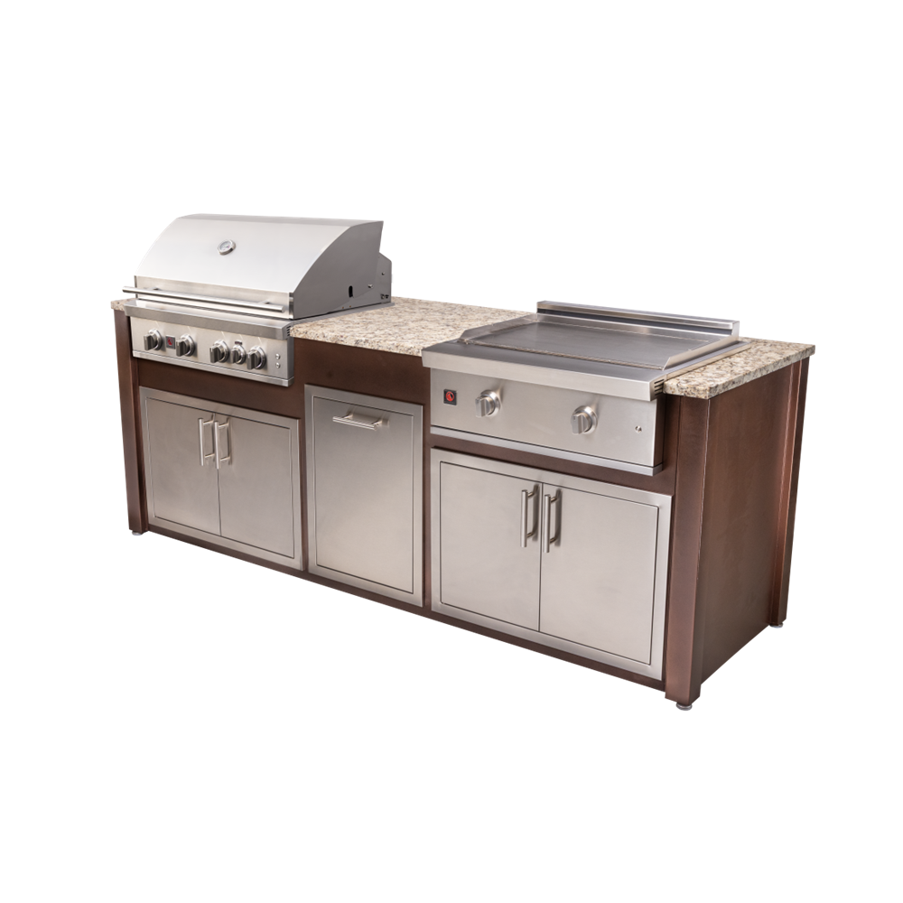 Complete Outdoor Kitchen Islands COKI CO-96 8' Island with Grill on Left Side, Griddle on Right Side.
