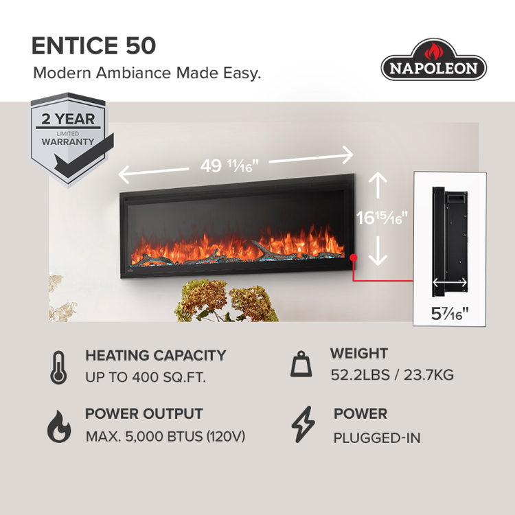 Napoleon 50" Entice Electric Fireplace view 3