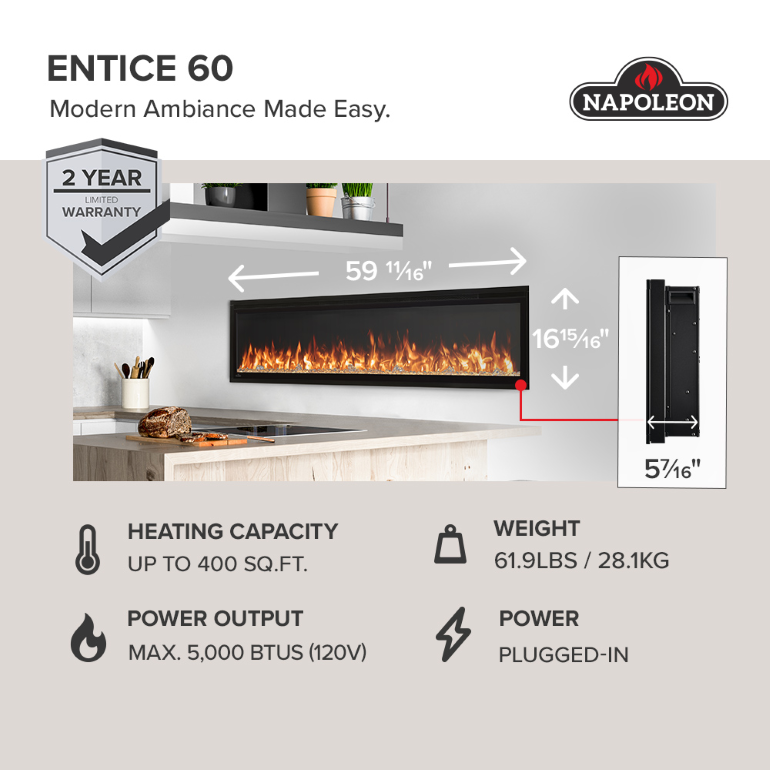 Napoleon 60" Entice Electric Fireplace view 3