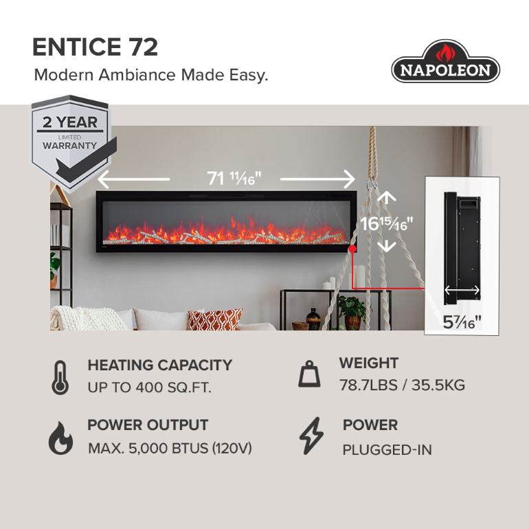 Napoleon 72" Entice Electric Fireplace view 3