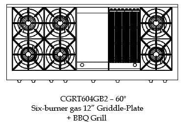 CGRT604BG2N Capital 60" Gas Rangetop with 6 Open Burners and 12" Grill and 12" Griddle - Natural Gas - Stainless Steel
