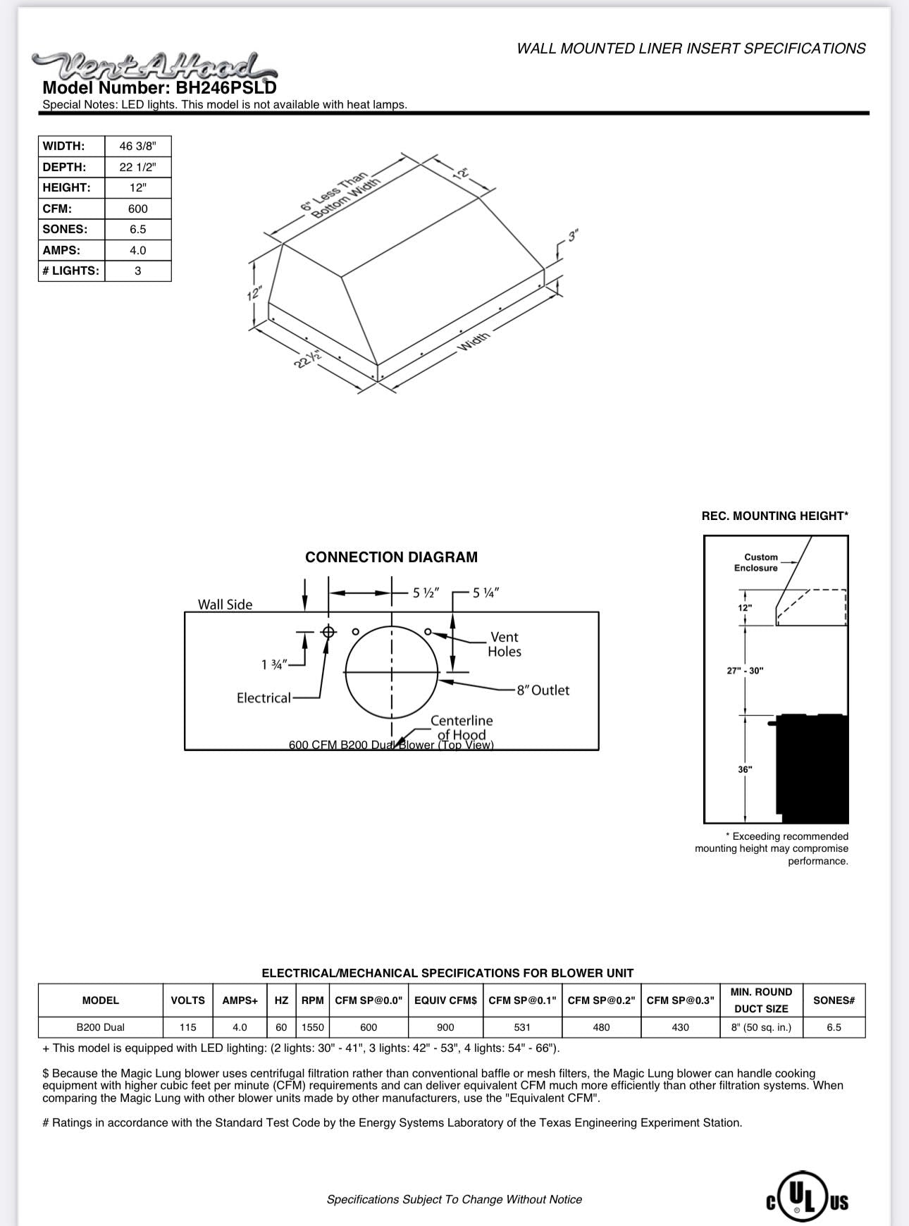 Vent-A-Hood 46" Stainless Steel Wall Mounted Liner Insert - BH246PSLD SS